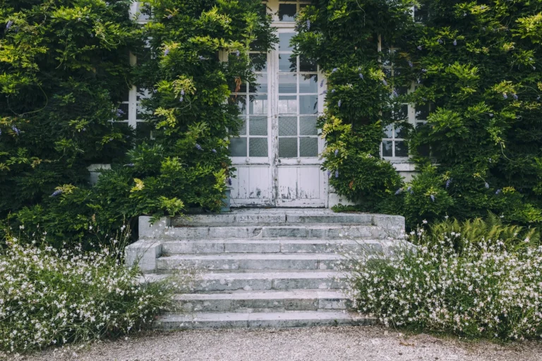 A picturesque garden entrance adorned with lush green wisteria in Rouen, France.