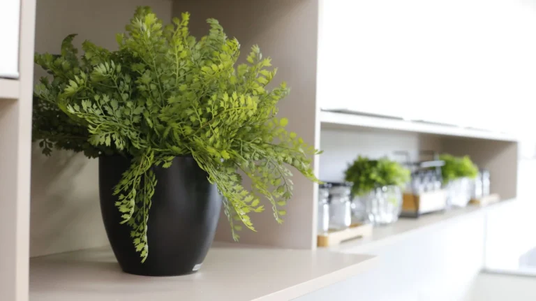 Lush green plant in a black vase on a modern shelf, ideal for interior decor.