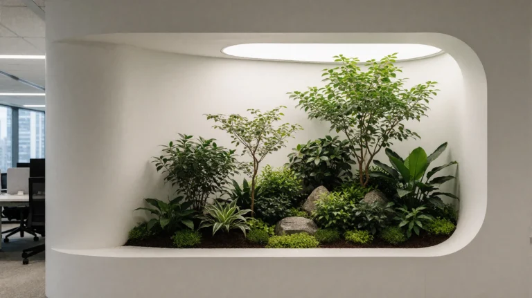 A modern office interior showcasing a lush indoor garden creating a biophilic design element.